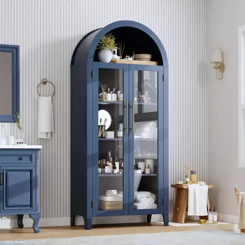 63.2 Mobile dispensa ad arco per cucina - Scaffale espositore a 5 ripiani in stile rustico con 2 grandi ante in vetro, per cucina, sala da pranzo, soggiorno