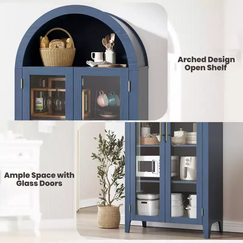 63.2 Mobile dispensa ad arco per cucina - Scaffale espositore a 5 ripiani in stile rustico con 2 grandi ante in vetro, per cucina, sala da pranzo, soggiorno