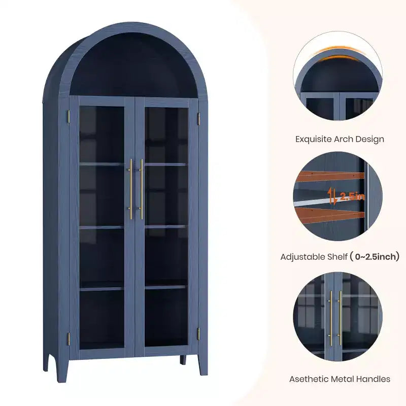 63.2 Mobile dispensa ad arco per cucina - Scaffale espositore a 5 ripiani in stile rustico con 2 grandi ante in vetro, per cucina, sala da pranzo, soggiorno