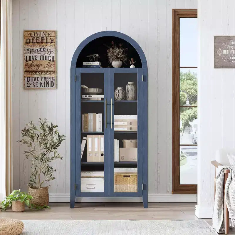 63.2 Mobile dispensa ad arco per cucina - Scaffale espositore a 5 ripiani in stile rustico con 2 grandi ante in vetro, per cucina, sala da pranzo, soggiorno