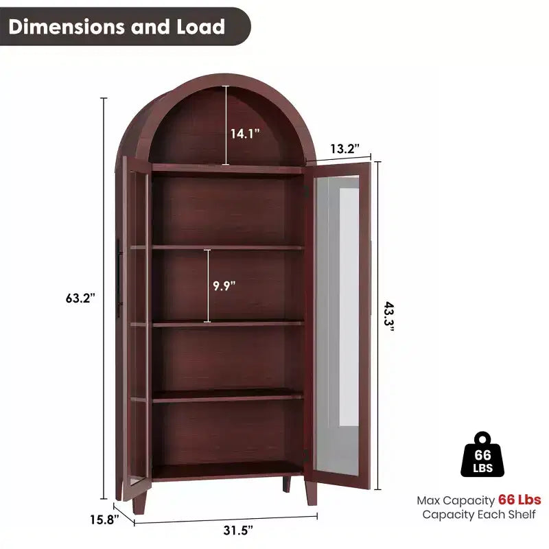 63.2 Mobile dispensa ad arco per cucina - Scaffale espositore a 5 ripiani in stile rustico con 2 grandi ante in vetro, per cucina, sala da pranzo, soggiorno