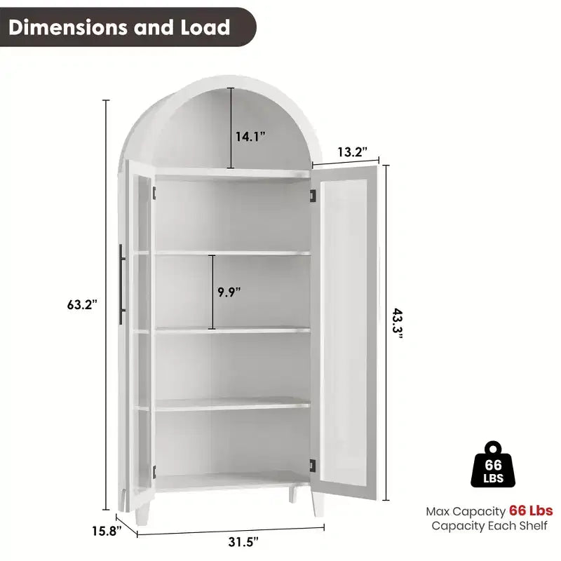 63.2 Mobile dispensa ad arco per cucina - Scaffale espositore a 5 ripiani in stile rustico con 2 grandi ante in vetro, per cucina, sala da pranzo, soggiorno