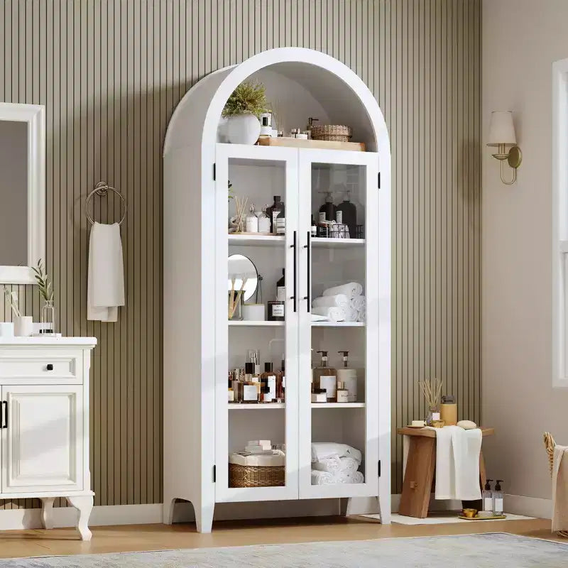 63.2 Mobile dispensa ad arco per cucina - Scaffale espositore a 5 ripiani in stile rustico con 2 grandi ante in vetro, per cucina, sala da pranzo, soggiorno