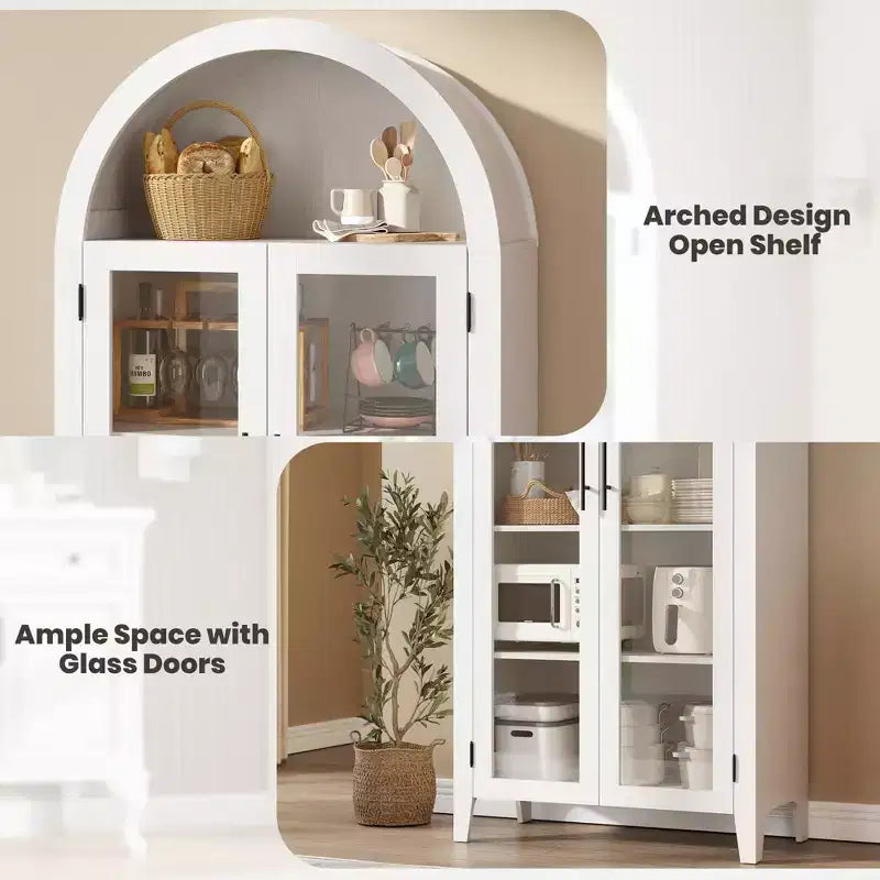 63.2 Mobile dispensa ad arco per cucina - Scaffale espositore a 5 ripiani in stile rustico con 2 grandi ante in vetro, per cucina, sala da pranzo, soggiorno