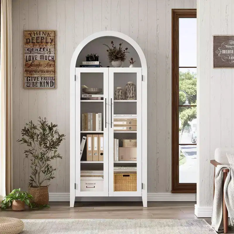 63.2 Mobile dispensa ad arco per cucina - Scaffale espositore a 5 ripiani in stile rustico con 2 grandi ante in vetro, per cucina, sala da pranzo, soggiorno