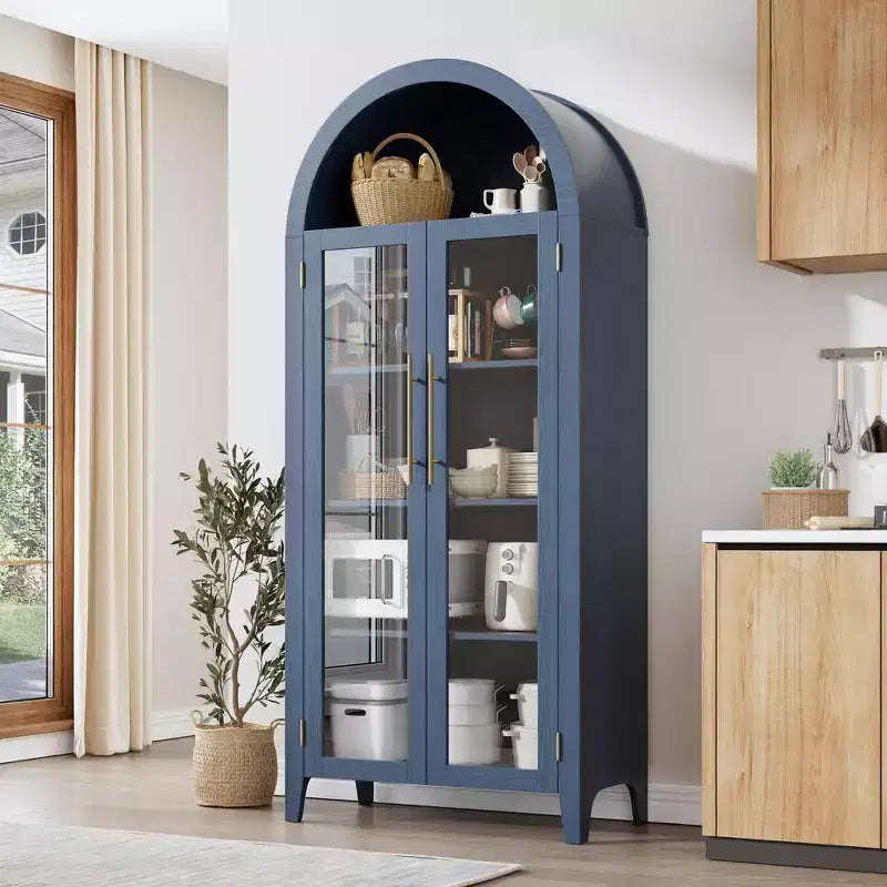 63.2 Mobile dispensa ad arco per cucina - Scaffale espositore a 5 ripiani in stile rustico con 2 grandi ante in vetro, per cucina, sala da pranzo, soggiorno