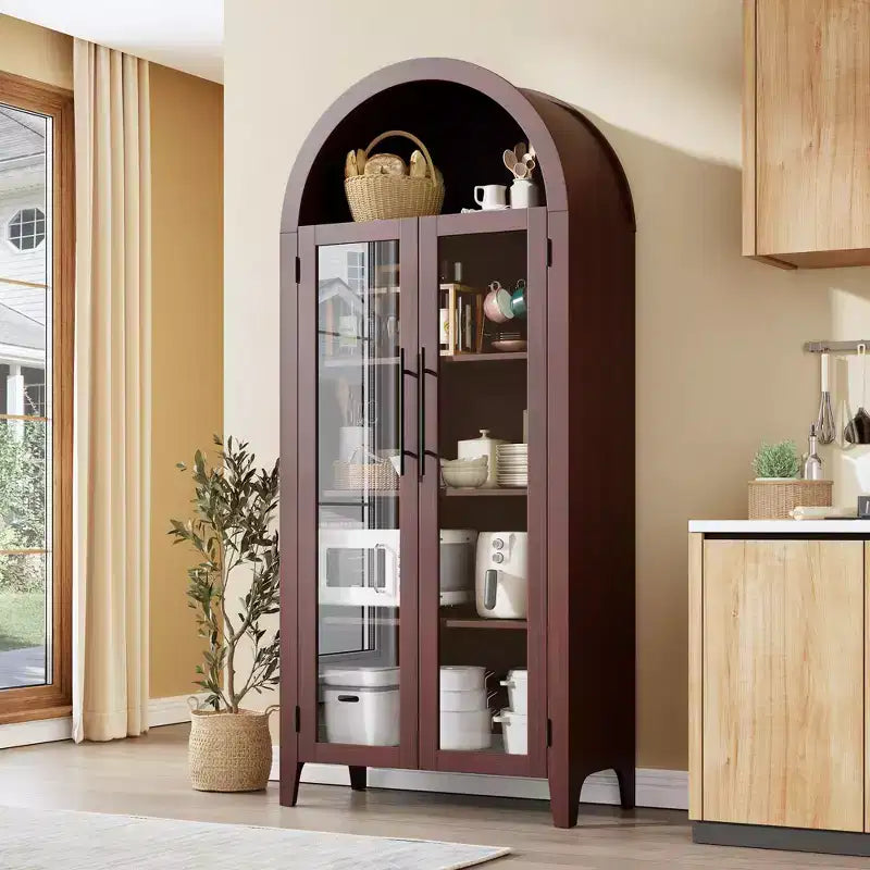 63.2 Mobile dispensa ad arco per cucina - Scaffale espositore a 5 ripiani in stile rustico con 2 grandi ante in vetro, per cucina, sala da pranzo, soggiorno