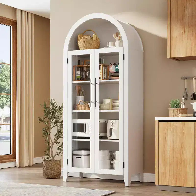 63.2 Mobile dispensa ad arco per cucina - Scaffale espositore a 5 ripiani in stile rustico con 2 grandi ante in vetro, per cucina, sala da pranzo, soggiorno