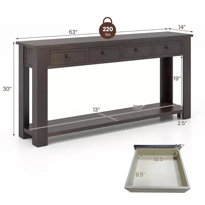 Consolle da ingresso rustica da 63" con 4 cassetti e ripiano aperto, color espresso