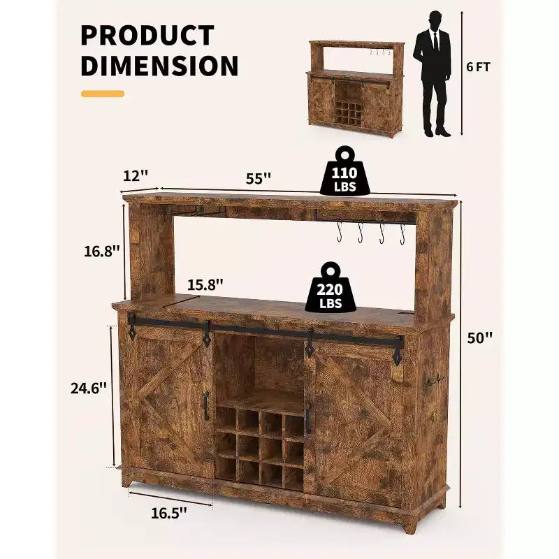 Mobile bar da 55 pollici con ante scorrevoli alla maniera di un fienile, illuminazione decorativa e hub multifunzione, portabicchieri da vino per la sala da pranzo