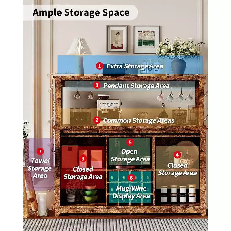 Mobile bar da 55 pollici con ante scorrevoli alla maniera di un fienile, illuminazione decorativa e hub multifunzione, portabicchieri da vino per la sala da pranzo