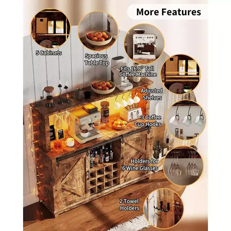 Mobile bar da 55 pollici con ante scorrevoli alla maniera di un fienile, illuminazione decorativa e hub multifunzione, portabicchieri da vino per la sala da pranzo