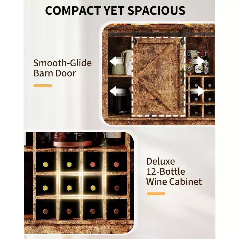 Mobile bar da 55 pollici con ante scorrevoli alla maniera di un fienile, illuminazione decorativa e hub multifunzione, portabicchieri da vino per la sala da pranzo