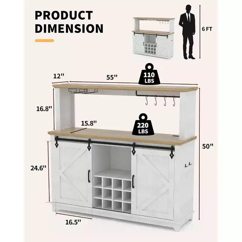Mobile bar da 55 pollici con ante scorrevoli alla maniera di un fienile, illuminazione decorativa e hub multifunzione, portabicchieri da vino per la sala da pranzo