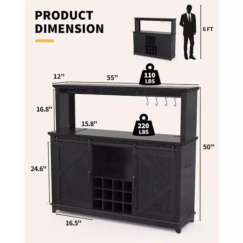Mobile bar da 55 pollici con ante scorrevoli alla maniera di un fienile, illuminazione decorativa e hub multifunzione, portabicchieri da vino per la sala da pranzo