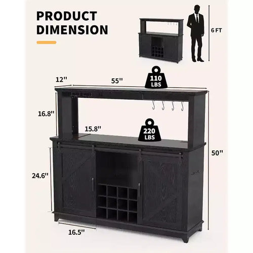 Mobile bar da 55 pollici con ante scorrevoli alla maniera di un fienile, illuminazione decorativa e hub multifunzione, portabicchieri da vino per la sala da pranzo