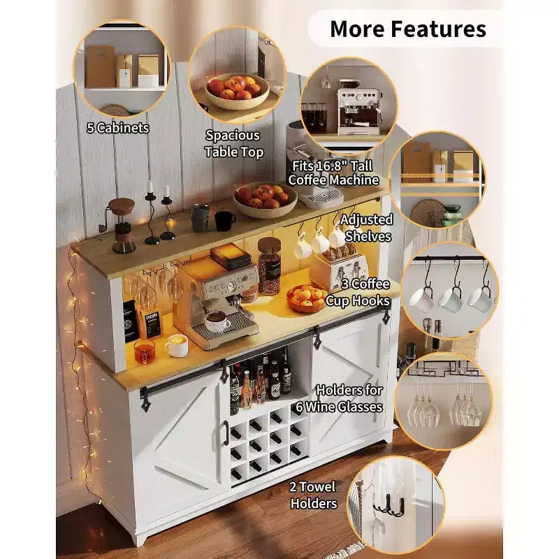 Mobile bar da 55 pollici con ante scorrevoli alla maniera di un fienile, illuminazione decorativa e hub multifunzione, portabicchieri da vino per la sala da pranzo