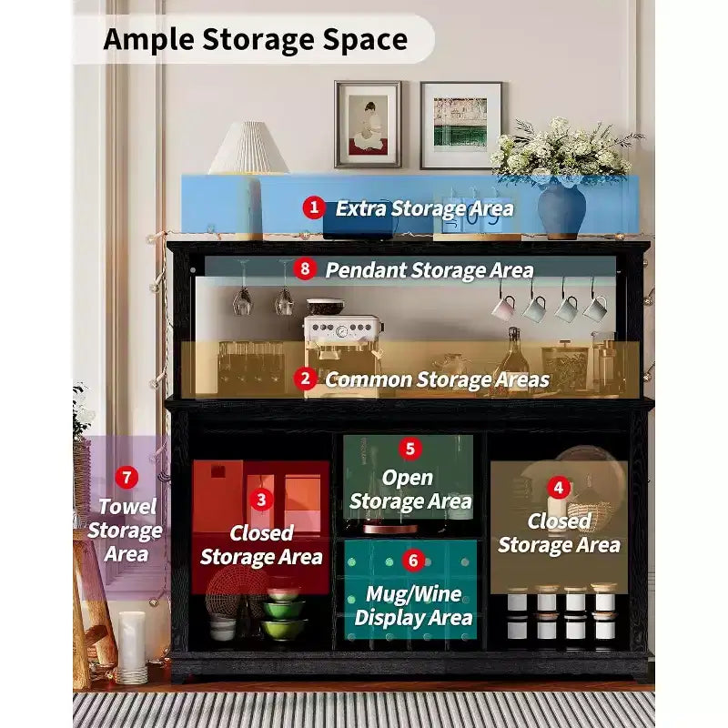 Mobile bar da 55 pollici con ante scorrevoli alla maniera di un fienile, illuminazione decorativa e hub multifunzione, portabicchieri da vino per la sala da pranzo