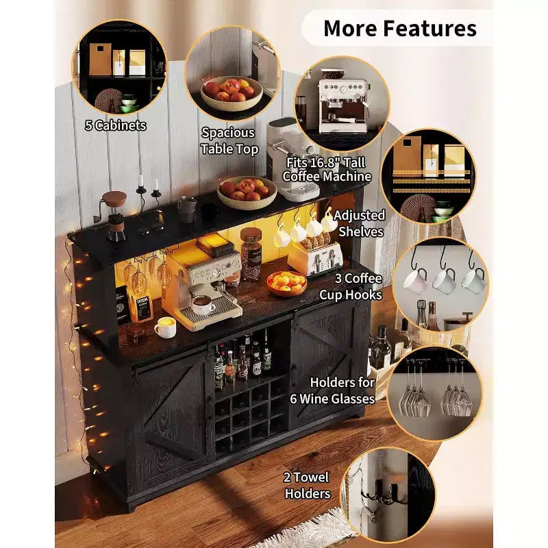 Mobile bar da 55 pollici con ante scorrevoli alla maniera di un fienile, illuminazione decorativa e hub multifunzione, portabicchieri da vino per la sala da pranzo