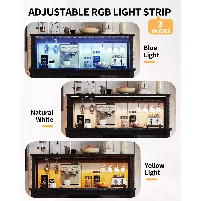 Mobile bar da 55 pollici con ante scorrevoli alla maniera di un fienile, illuminazione decorativa e hub multifunzione, portabicchieri da vino per la sala da pranzo