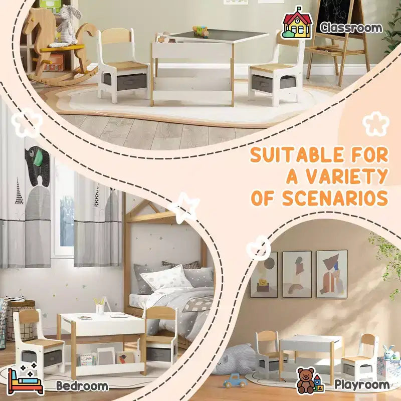 JVNOXK2 - Set Scrivania e Sedia per Bambini 2 in 1 con Lavagna Ribaltabile, Contenitore e Scaffale, Combinazione Scrivania e Sedia per Bambini in 3 Pezzi
