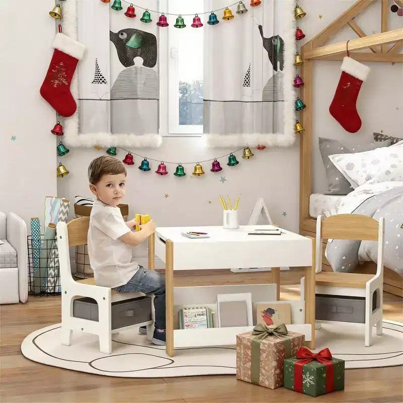 JVNOXK2 - Set Scrivania e Sedia per Bambini 2 in 1 con Lavagna Ribaltabile, Contenitore e Scaffale, Combinazione Scrivania e Sedia per Bambini in 3 Pezzi