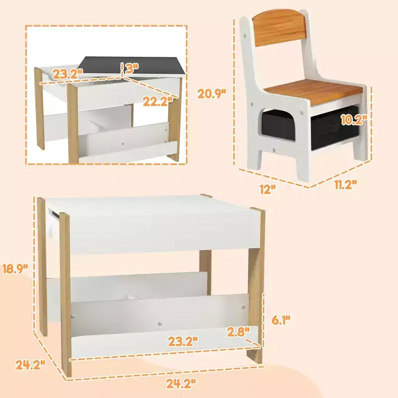 JVNOXK2 - Set Scrivania e Sedia per Bambini 2 in 1 con Lavagna Ribaltabile, Contenitore e Scaffale, Combinazione Scrivania e Sedia per Bambini in 3 Pezzi
