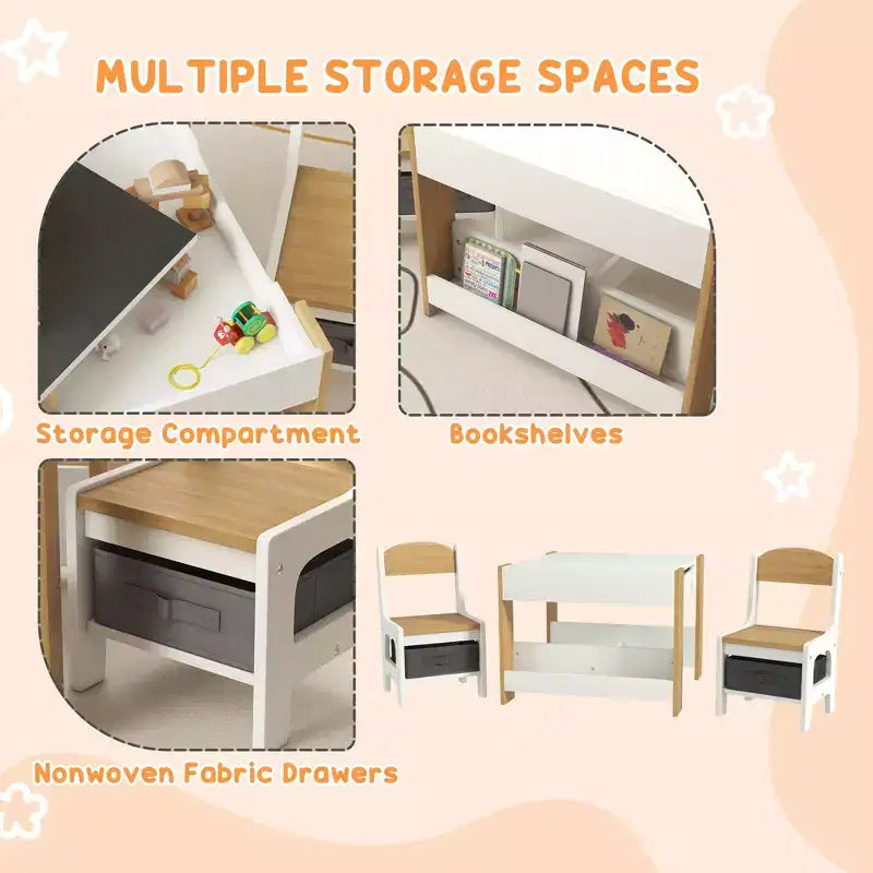 JVNOXK2 - Set Scrivania e Sedia per Bambini 2 in 1 con Lavagna Ribaltabile, Contenitore e Scaffale, Combinazione Scrivania e Sedia per Bambini in 3 Pezzi