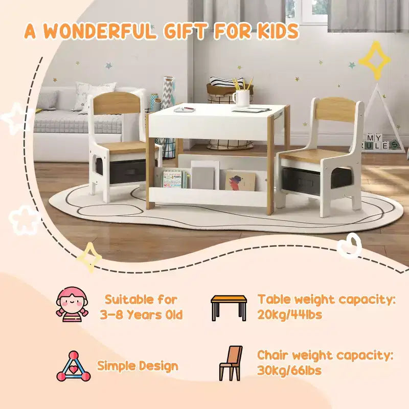 JVNOXK2 - Set Scrivania e Sedia per Bambini 2 in 1 con Lavagna Ribaltabile, Contenitore e Scaffale, Combinazione Scrivania e Sedia per Bambini in 3 Pezzi