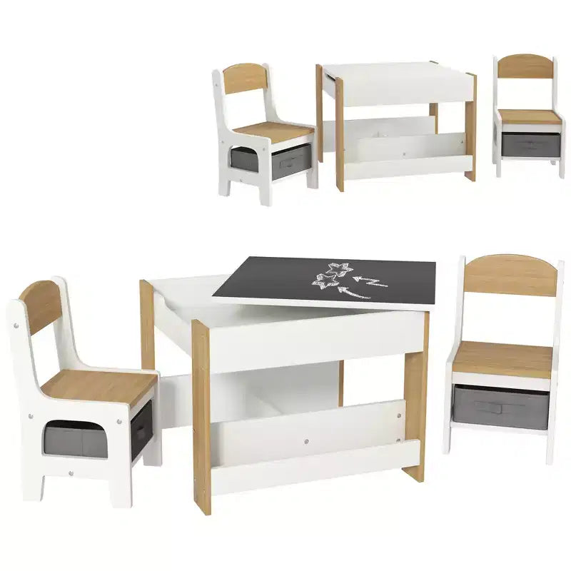 JVNOXK2 - Set Scrivania e Sedia per Bambini 2 in 1 con Lavagna Ribaltabile, Contenitore e Scaffale, Combinazione Scrivania e Sedia per Bambini in 3 Pezzi