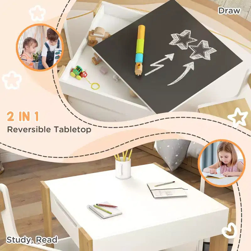 JVNOXK2 - Set Scrivania e Sedia per Bambini 2 in 1 con Lavagna Ribaltabile, Contenitore e Scaffale, Combinazione Scrivania e Sedia per Bambini in 3 Pezzi