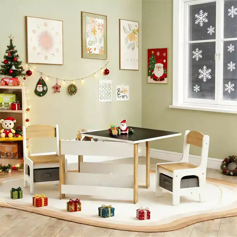 JVNOXK2 - Set Scrivania e Sedia per Bambini 2 in 1 con Lavagna Ribaltabile, Contenitore e Scaffale, Combinazione Scrivania e Sedia per Bambini in 3 Pezzi