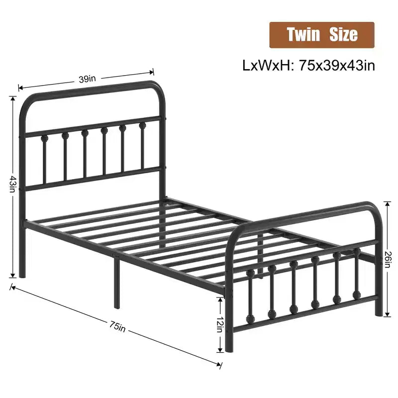Struttura letto a piattaforma in metallo per materasso singolo con testiera e pediera, base a doghe in acciaio, spazio contenitivo sotto il letto, nessun box spring necessario, nero