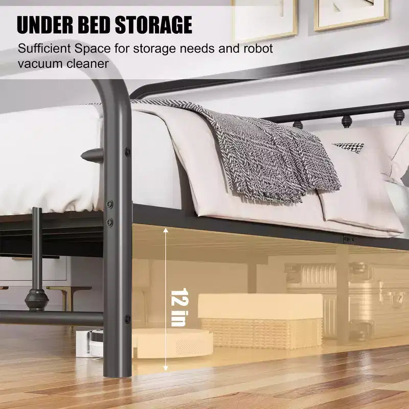 Struttura letto a piattaforma in metallo per materasso singolo con testiera e pediera, base a doghe in acciaio, spazio contenitivo sotto il letto, nessun box spring necessario, nero