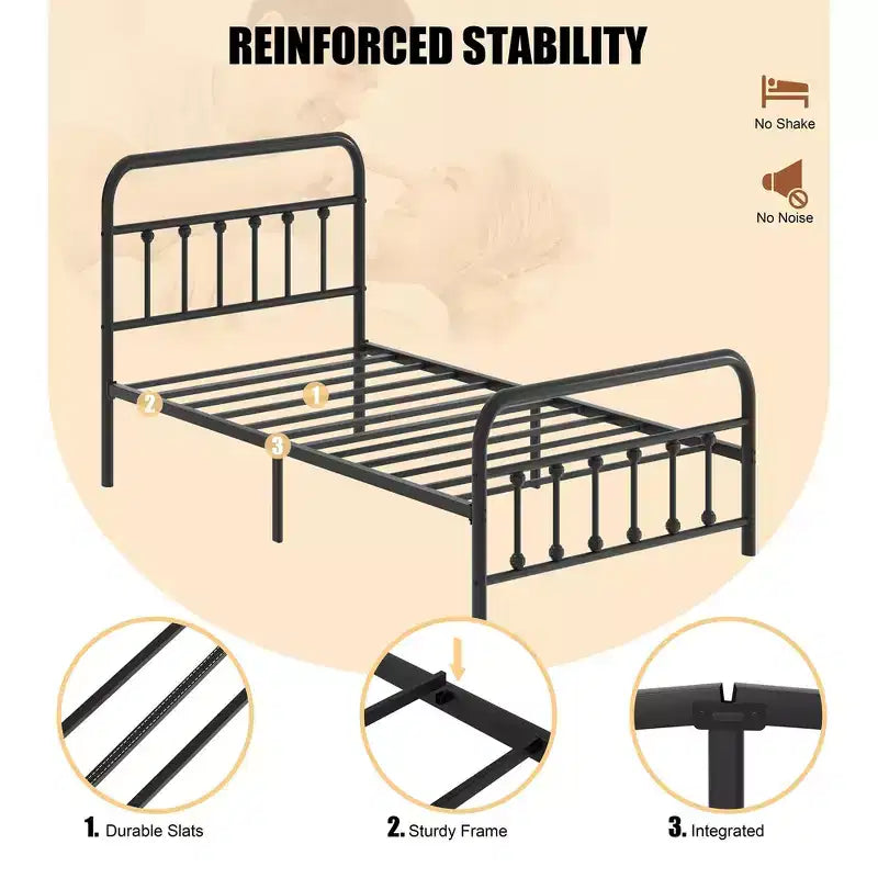 Struttura letto a piattaforma in metallo per materasso singolo con testiera e pediera, base a doghe in acciaio, spazio contenitivo sotto il letto, nessun box spring necessario, nero