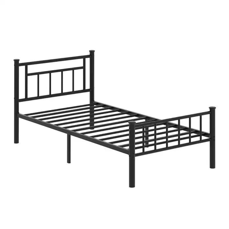 Struttura letto a piattaforma in metallo per materasso singolo con testiera e pediera, base a doghe in acciaio, spazio contenitivo sotto il letto, nessun box spring necessario, nero