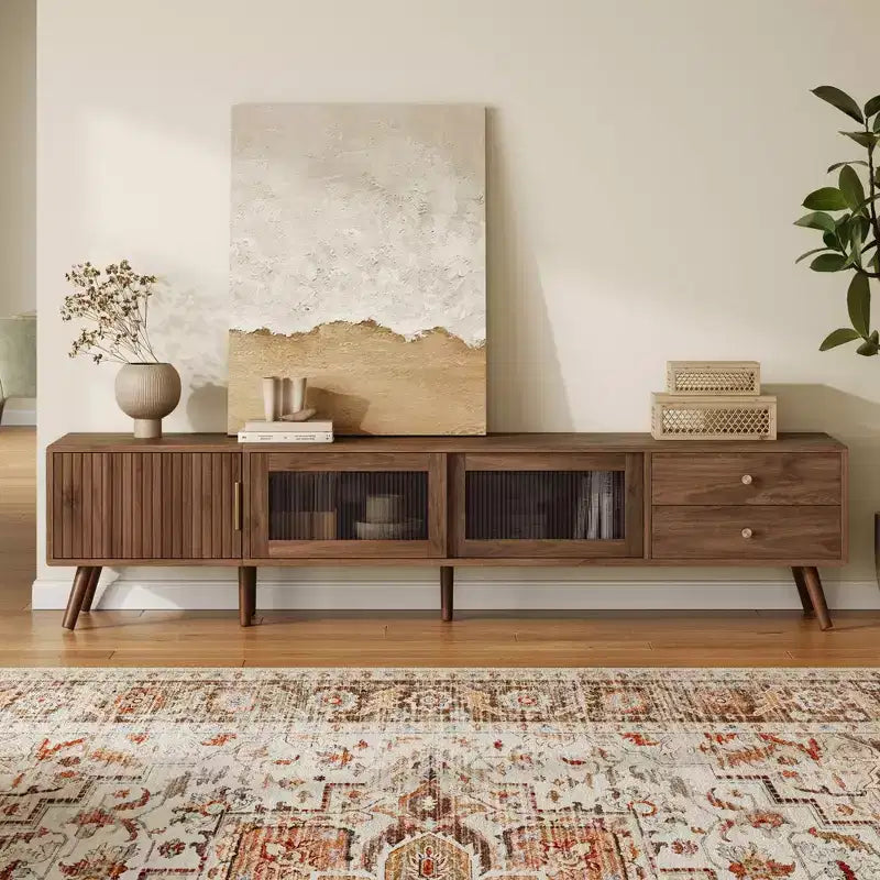 Mobile TV da 76 pollici moderno e minimale in vetro con ante, centro di intrattenimento in legno venato con armadietti, tavolo console multimediale per soggiorno/camera da letto