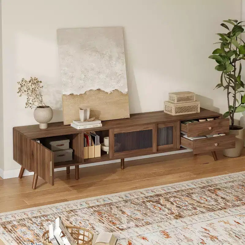 Mobile TV da 76 pollici moderno e minimale in vetro con ante, centro di intrattenimento in legno venato con armadietti, tavolo console multimediale per soggiorno/camera da letto