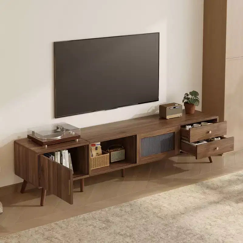 Mobile TV da 76 pollici moderno e minimale in vetro con ante, centro di intrattenimento in legno venato con armadietti, tavolo console multimediale per soggiorno/camera da letto