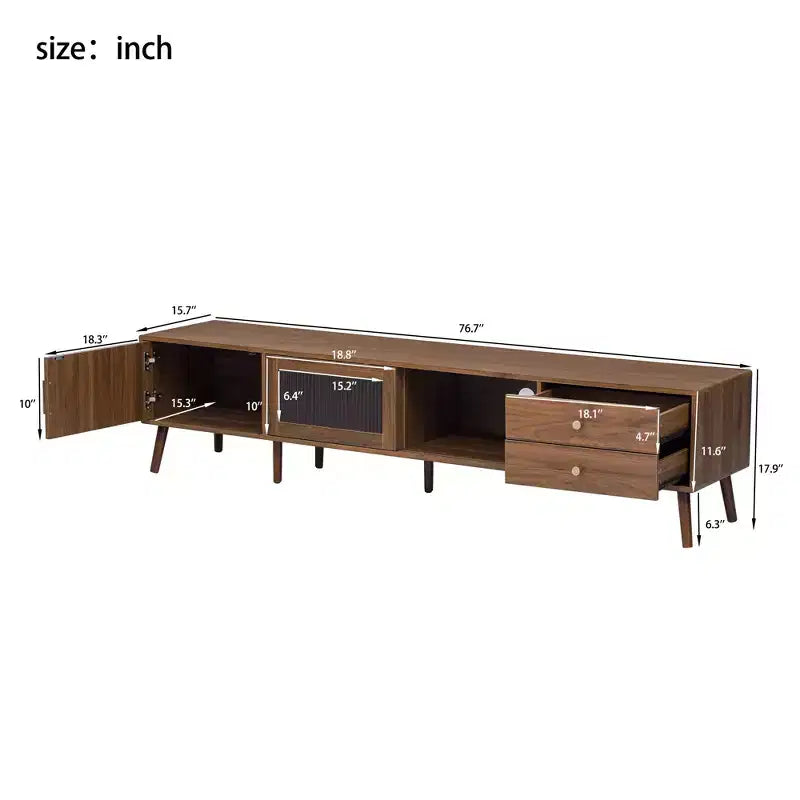 Mobile TV da 76 pollici moderno e minimale in vetro con ante, centro di intrattenimento in legno venato con armadietti, tavolo console multimediale per soggiorno/camera da letto