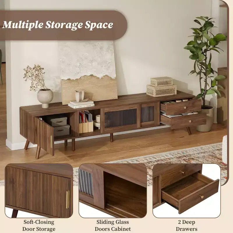 Mobile TV da 76 pollici moderno e minimale in vetro con ante, centro di intrattenimento in legno venato con armadietti, tavolo console multimediale per soggiorno/camera da letto
