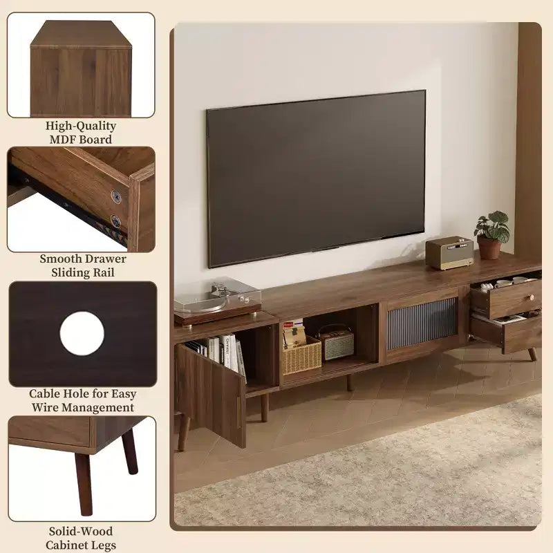 Mobile TV da 76 pollici moderno e minimale in vetro con ante, centro di intrattenimento in legno venato con armadietti, tavolo console multimediale per soggiorno/camera da letto