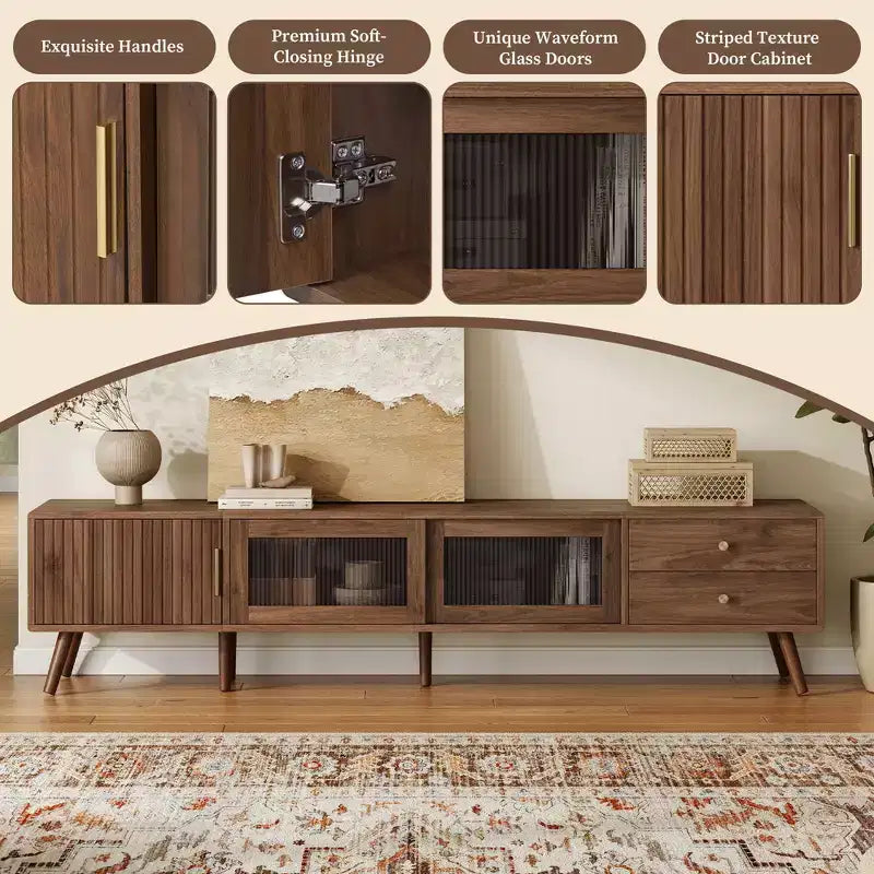 Mobile TV da 76 pollici moderno e minimale in vetro con ante, centro di intrattenimento in legno venato con armadietti, tavolo console multimediale per soggiorno/camera da letto