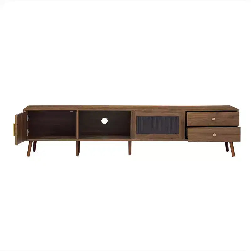 Mobile TV da 76 pollici moderno e minimale in vetro con ante, centro di intrattenimento in legno venato con armadietti, tavolo console multimediale per soggiorno/camera da letto