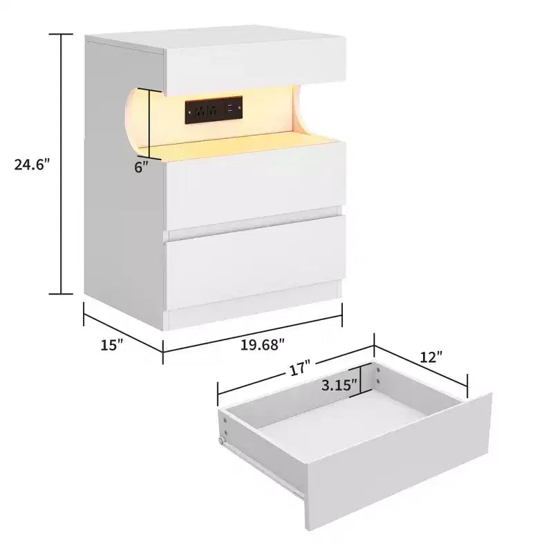 Comodino Intelligente Bianco C con luci LED controllabili tramite App e Stazione di Ricarica con 3 Cassetti per la Camera da Letto