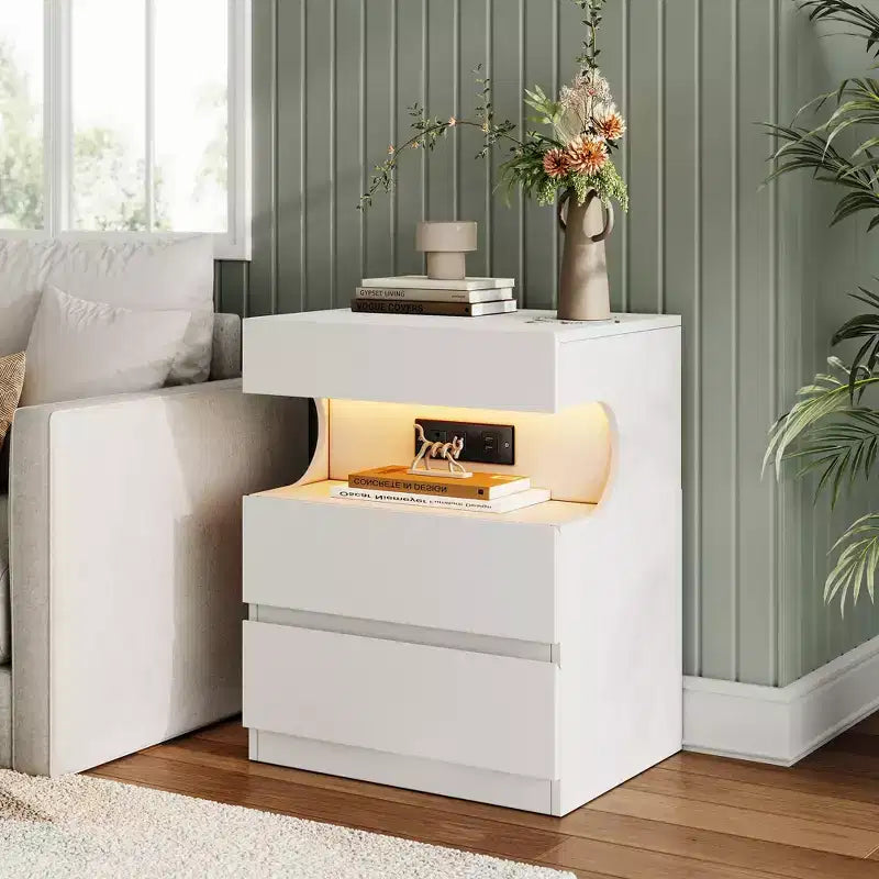 Comodino Intelligente Bianco C con luci LED controllabili tramite App e Stazione di Ricarica con 3 Cassetti per la Camera da Letto