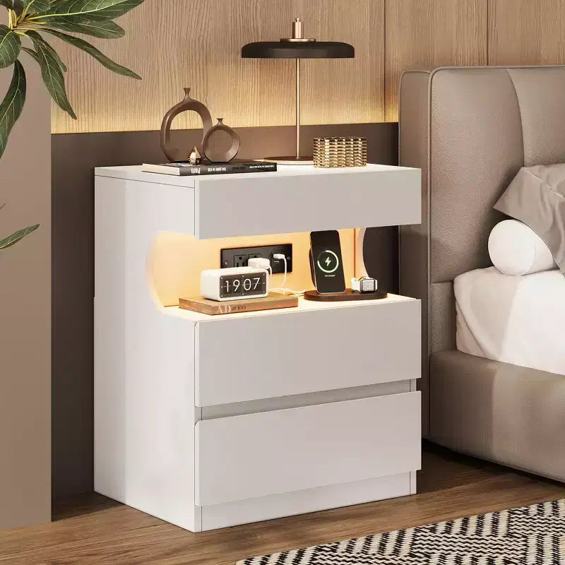 Comodino Intelligente Bianco C con luci LED controllabili tramite App e Stazione di Ricarica con 3 Cassetti per la Camera da Letto