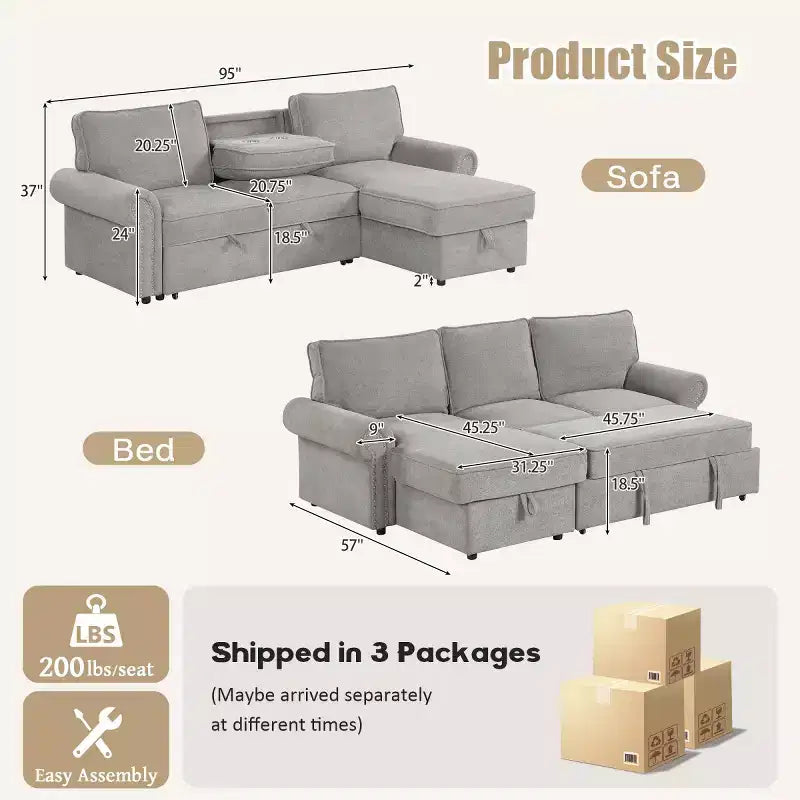 Divano componibile moderno in tessuto 95 con chaise longue contenitore e schienale a ribalta, divano letto convertibile per soggiorno o salotto