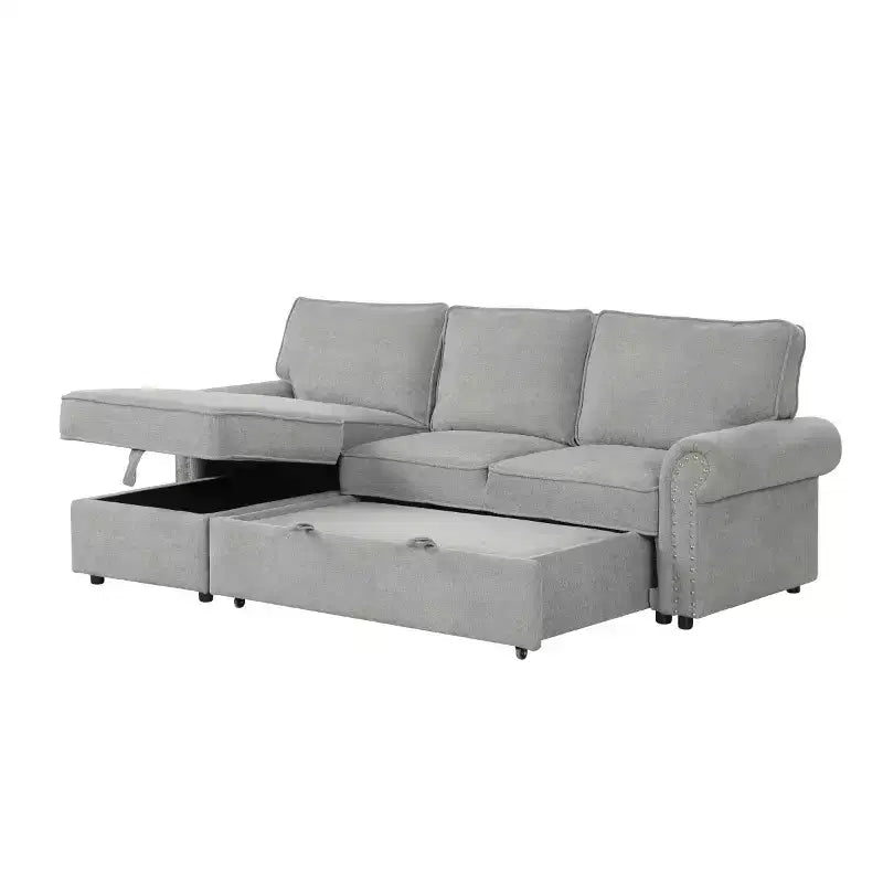 Divano componibile moderno in tessuto 95 con chaise longue contenitore e schienale a ribalta, divano letto convertibile per soggiorno o salotto