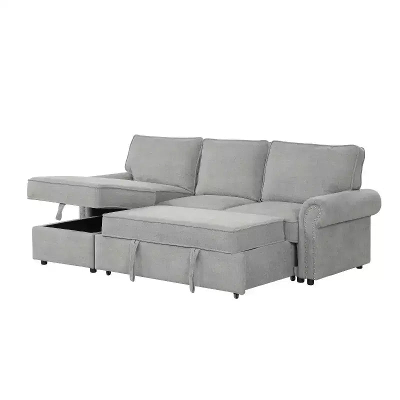 Divano componibile moderno in tessuto 95 con chaise longue contenitore e schienale a ribalta, divano letto convertibile per soggiorno o salotto